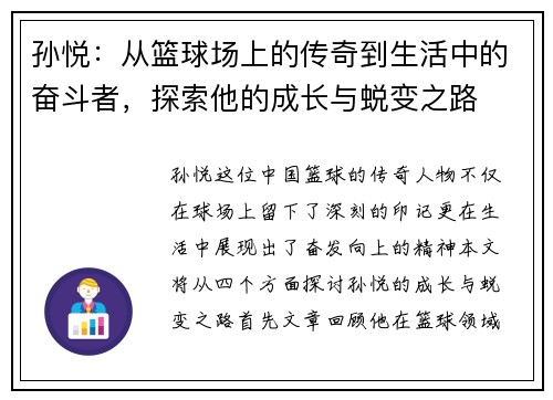 孙悦：从篮球场上的传奇到生活中的奋斗者，探索他的成长与蜕变之路